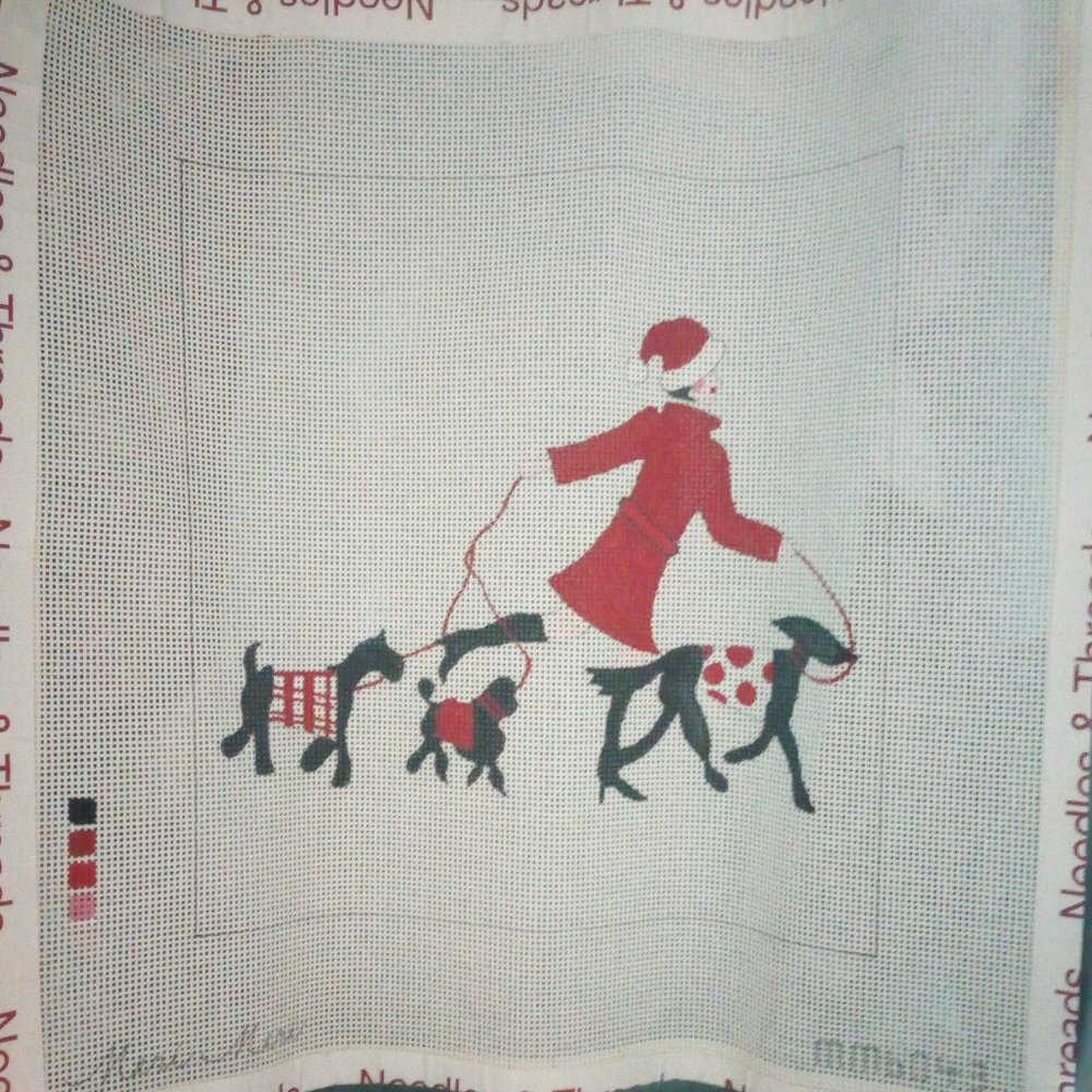Meri Meri Red and Black Dog Walker Hand painted needlepoint Canvas
